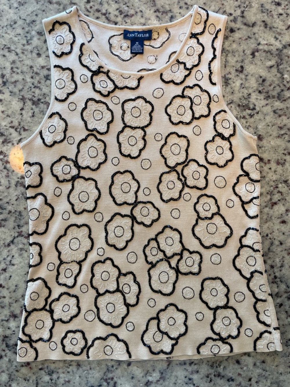 Pristine Ann Taylor Y2K 100% silk knit Cream Floral beaded Tank M retail $128
